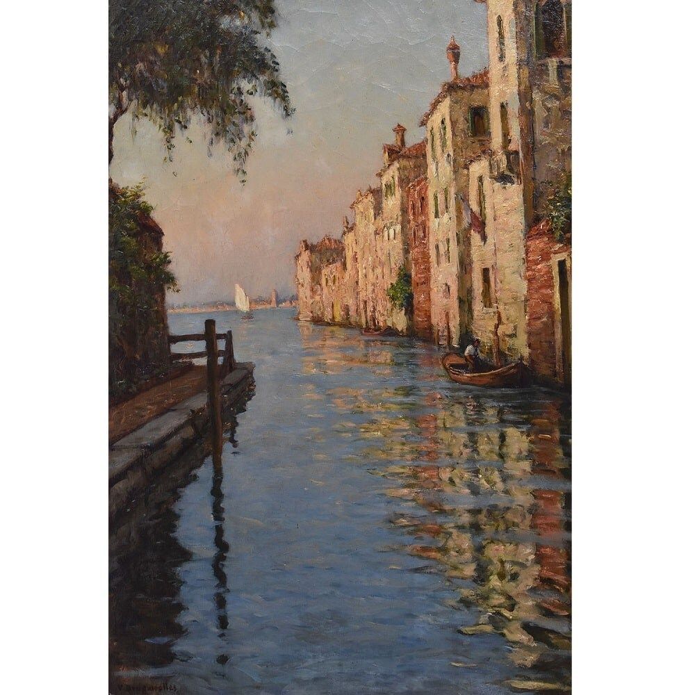 Marine Painting, Venice With Gondola, Angelo Pisani, XX Century. photo for sale