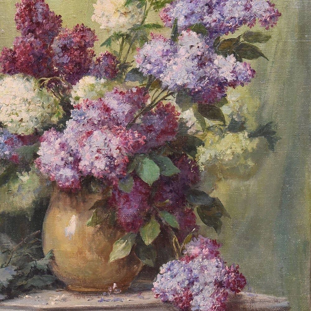 Antique Flower Painting, Lilac Flowers, Oil On Canvas, 20th Century. photo Art
