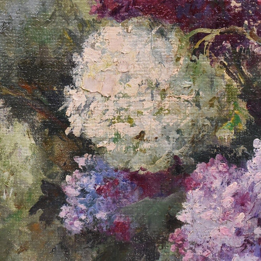 Antique Flower Painting, Lilac Flowers, Oil On Canvas, 20th Century. photo vinterior