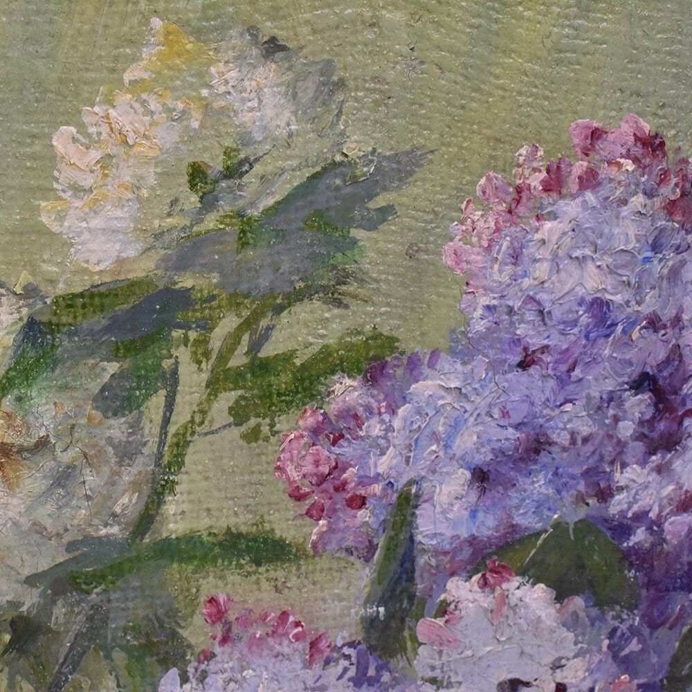 Antique Flower Painting, Lilac Flowers, Oil On Canvas, 20th Century. photo vintage