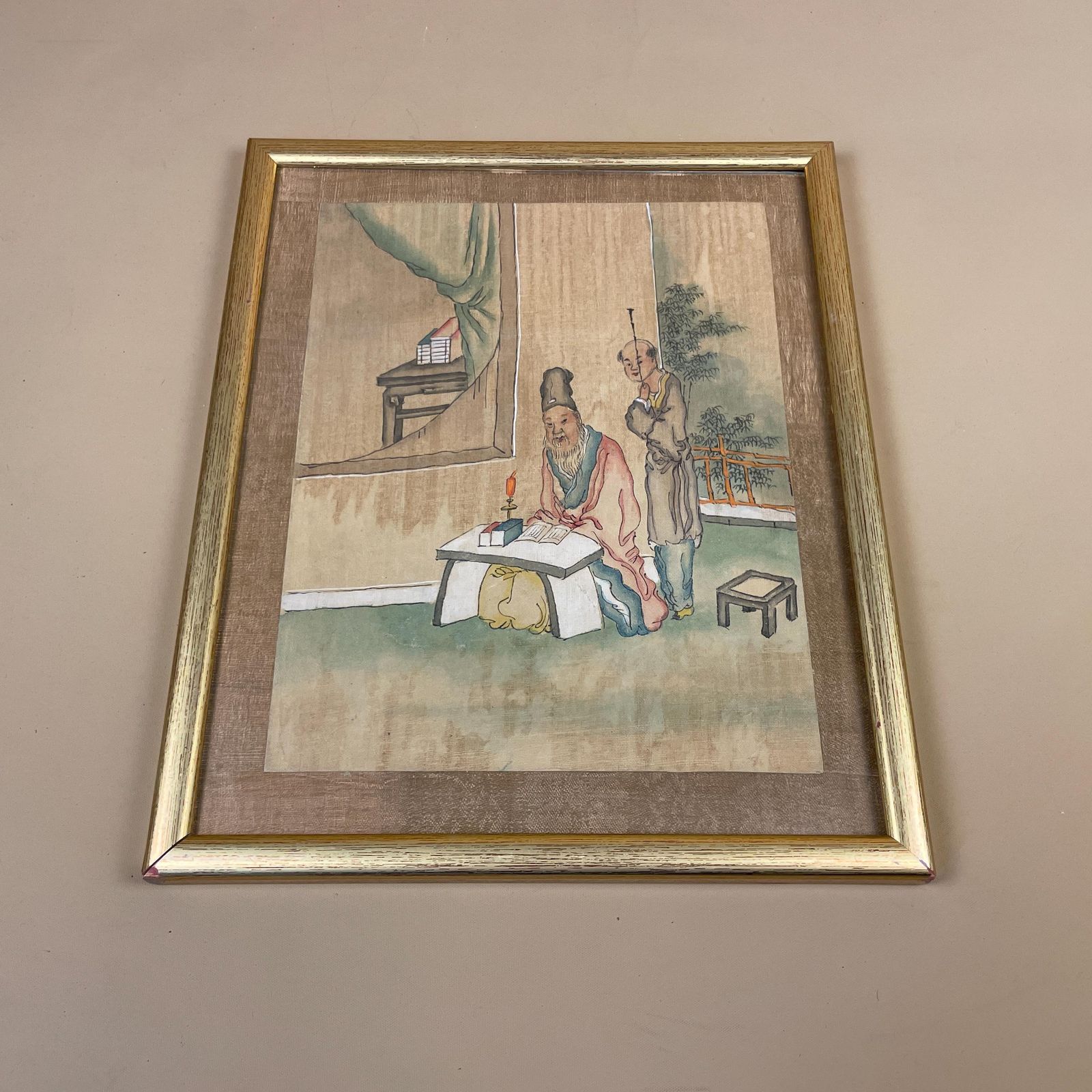 Antique Hand Painted Silk Painting Japanese Artwork Art Wall Hanging Oriental Detailed Gold Wood Frame Vintage Picture Framed Old Original