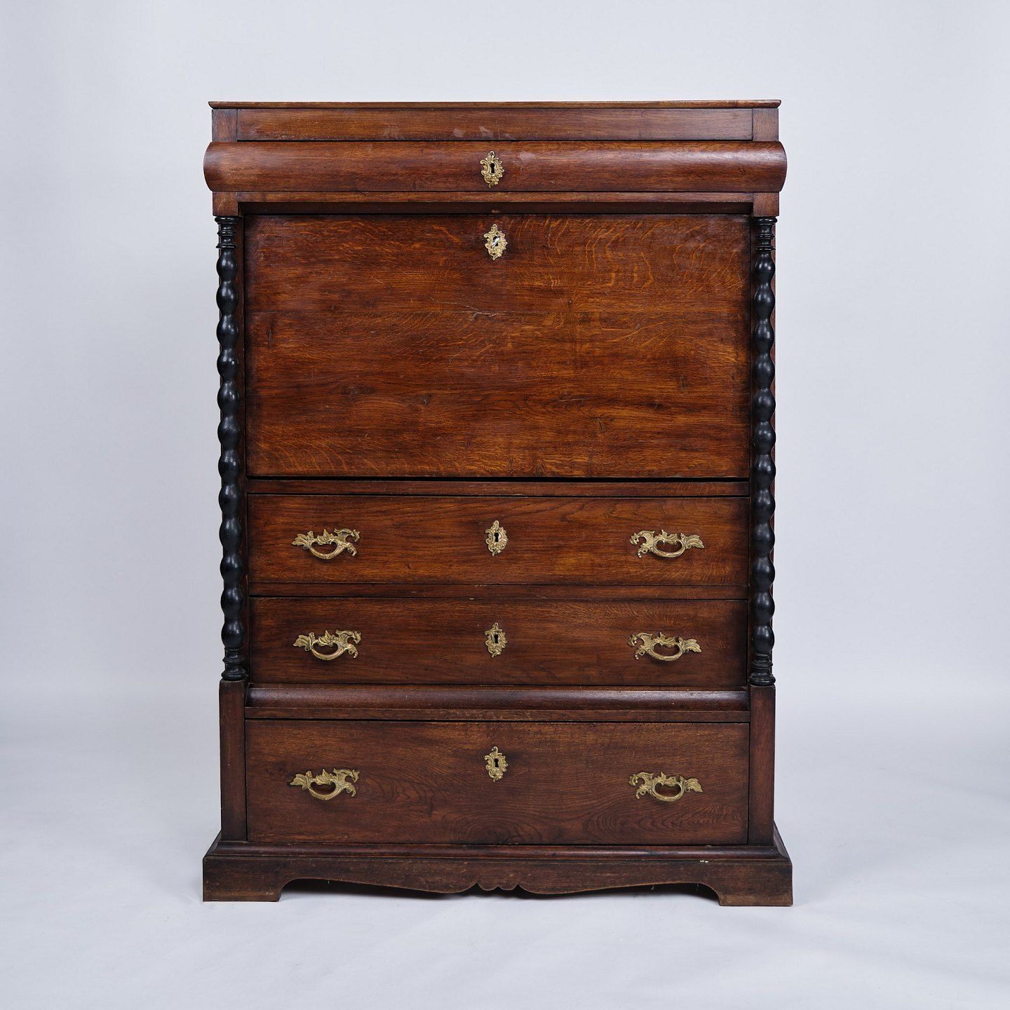 Secretary – Polished Oak – Green Felt Cloth & Brass Handles – 4 Drawers – 1820s photo furniture