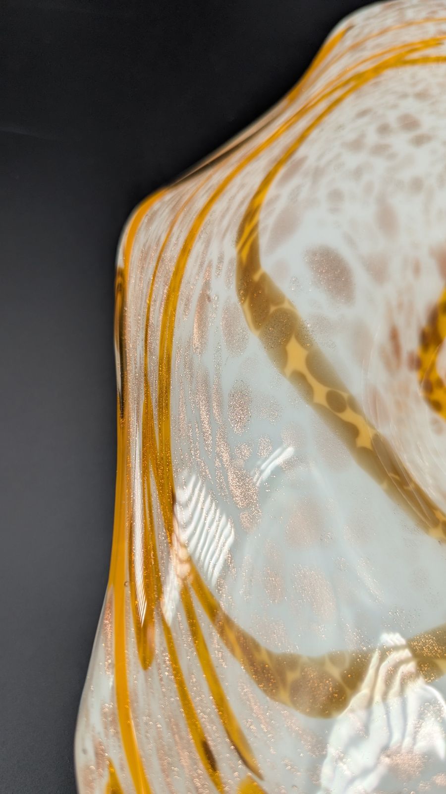 photo furniture Fratelli Toso Murano Glass Bowl In Yellow Lattimo Aventurina, Mid Century Italian