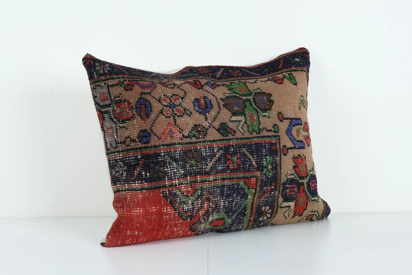 Turkish Red Oushak Rug Pillow Cover, Wool Boho Woven Carpet Lumbar Cushion Cover photo for sale