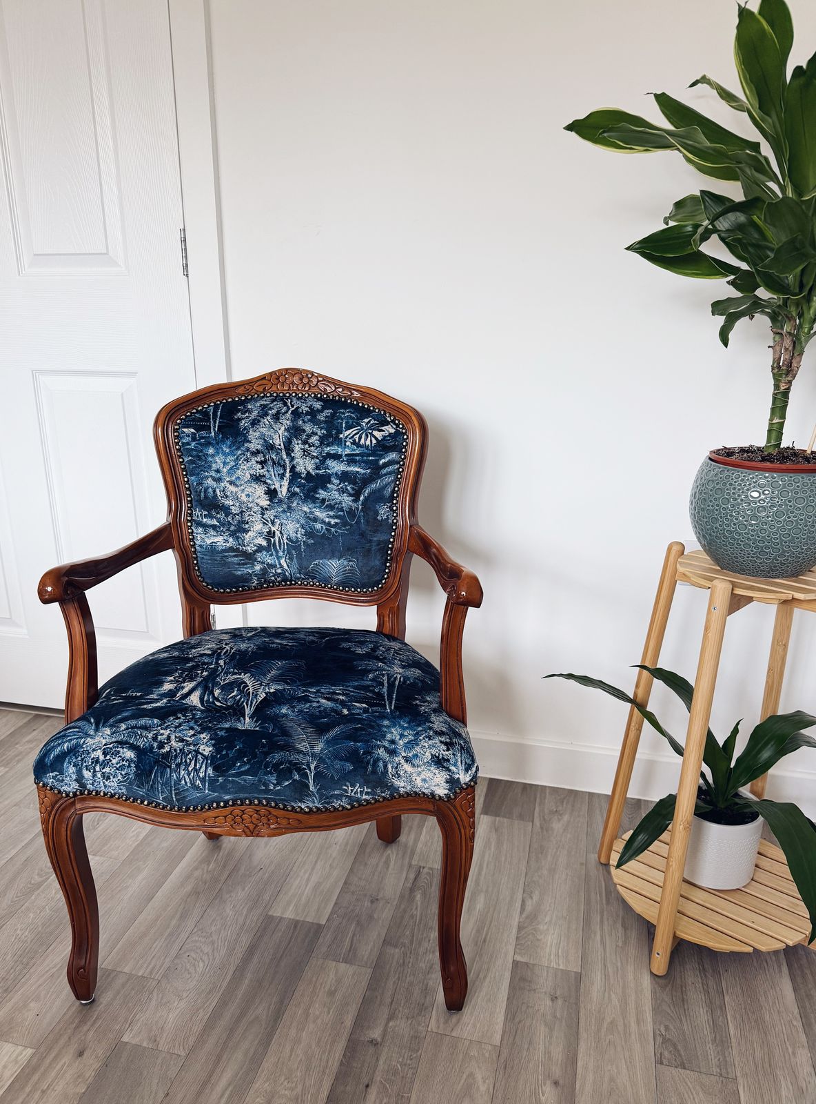 Restored Louis XV Style Armchair   Scenic Deep Blue Upholstery, Solid Wood Frame