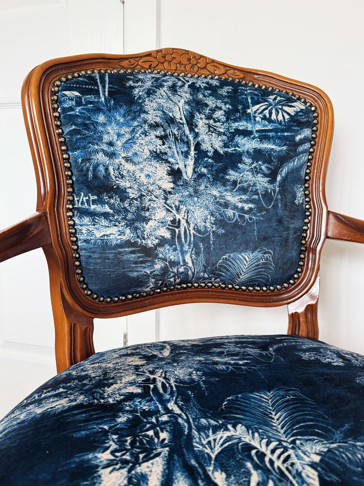 Restored Louis XV Style Armchair   Scenic Deep Blue Upholstery, Solid Wood Frame photo Furniture