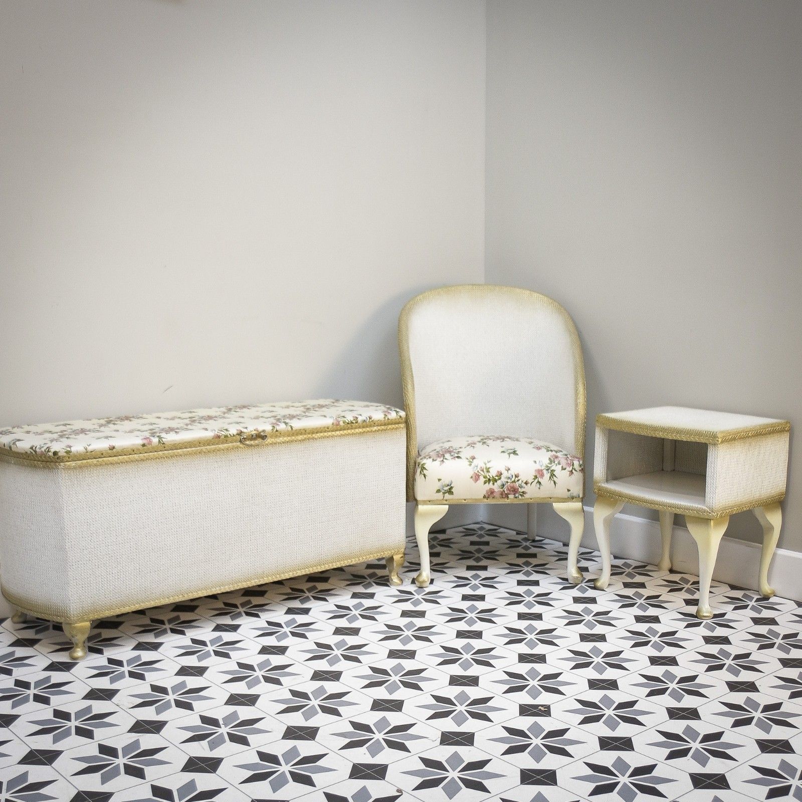 Lloyd Loom Ottoman Bedside Table And Chair Matching Set In White And Gold