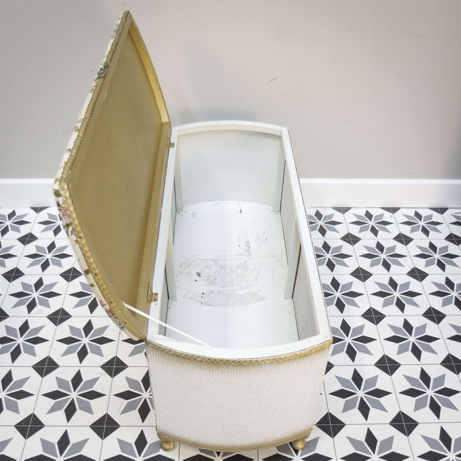 Furniture Lloyd Loom Ottoman Bedside Table And Chair Matching Set In White And Gold photo