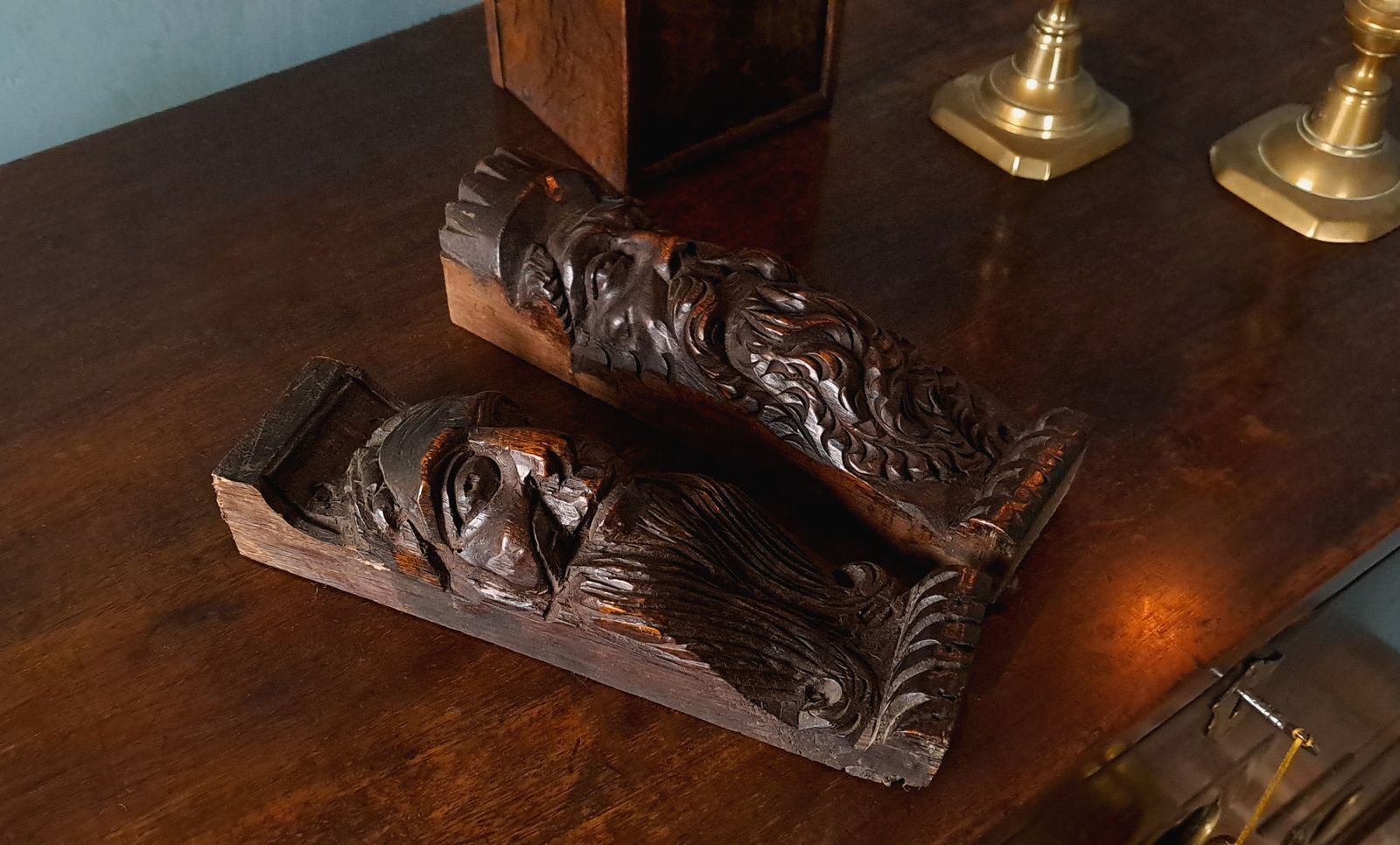Heart Warming 17th Century Carved Oak Face Corbels C. 1670