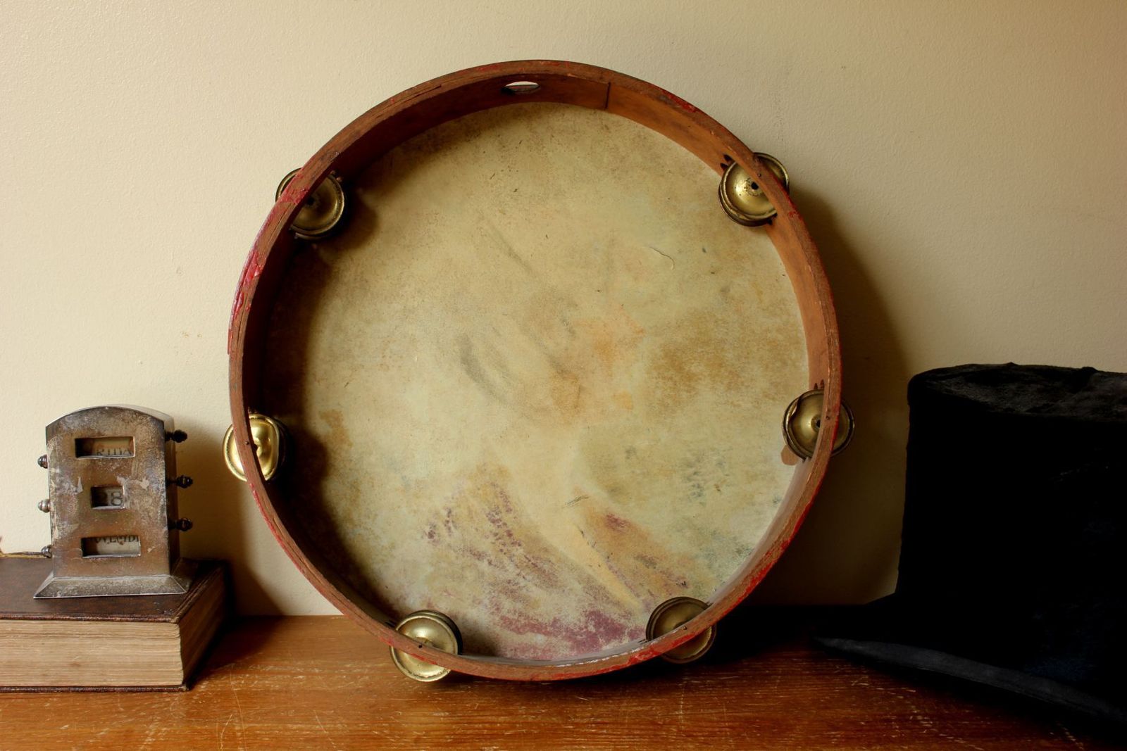 Antique Painted Tambourine. Oil Painting Lady Portrait. French Folk Art. photo Art