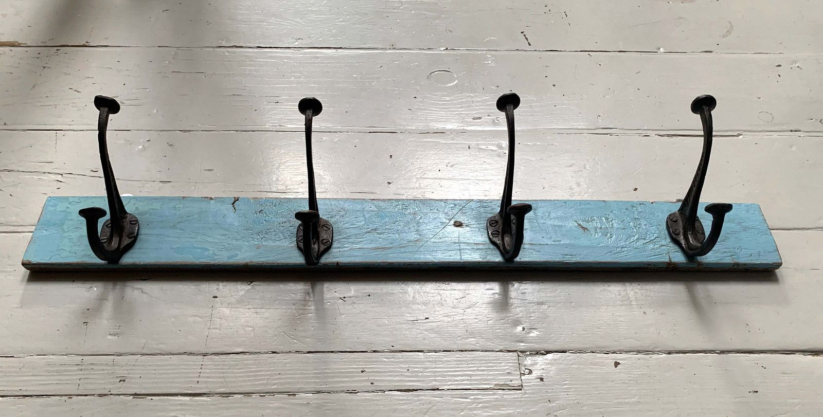 Vintage Wall Mounted Blue/Black Metal Coat Hooks X 4 On Wooden Painted Board photo Furniture