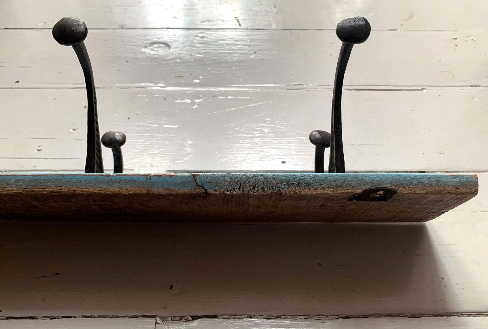 Vintage Wall Mounted Blue/Black Metal Coat Hooks X 4 On Wooden Painted Board photo 69.0