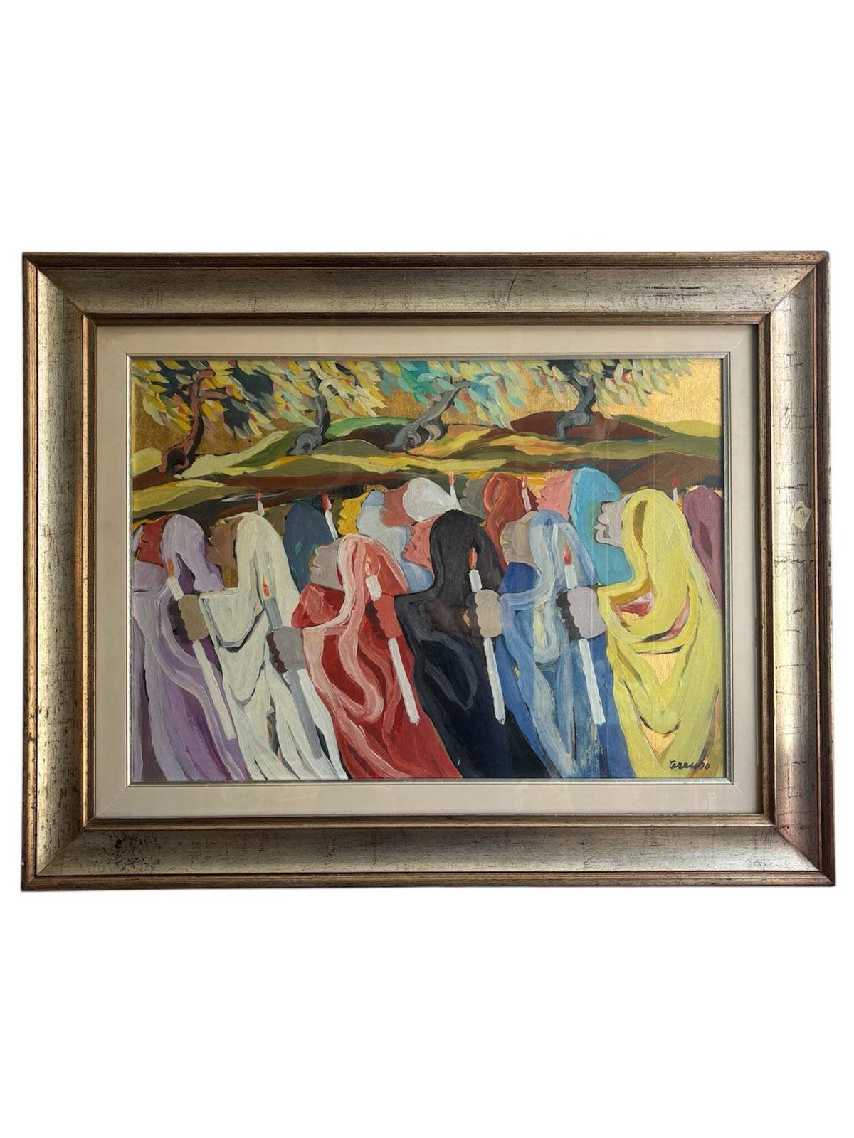 Oil On Canvas Painting 'The Procession' By Saverio Terruso, 1970s