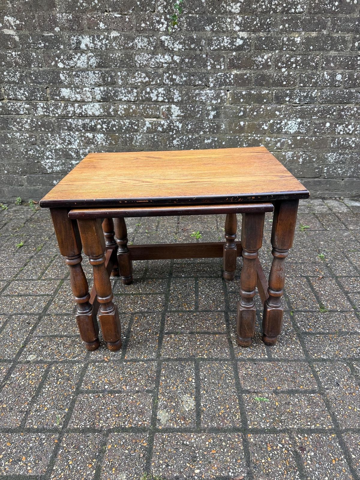 Vintage Two Tone Wooden Nesting Tables: Refurbished Mid Century Plant Stands photo for sale