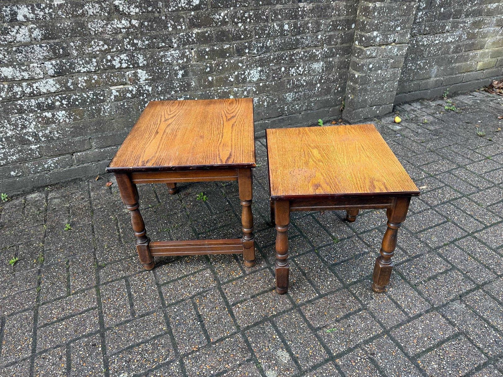 Vintage Two Tone Wooden Nesting Tables: Refurbished Mid Century Plant Stands photo vinterior