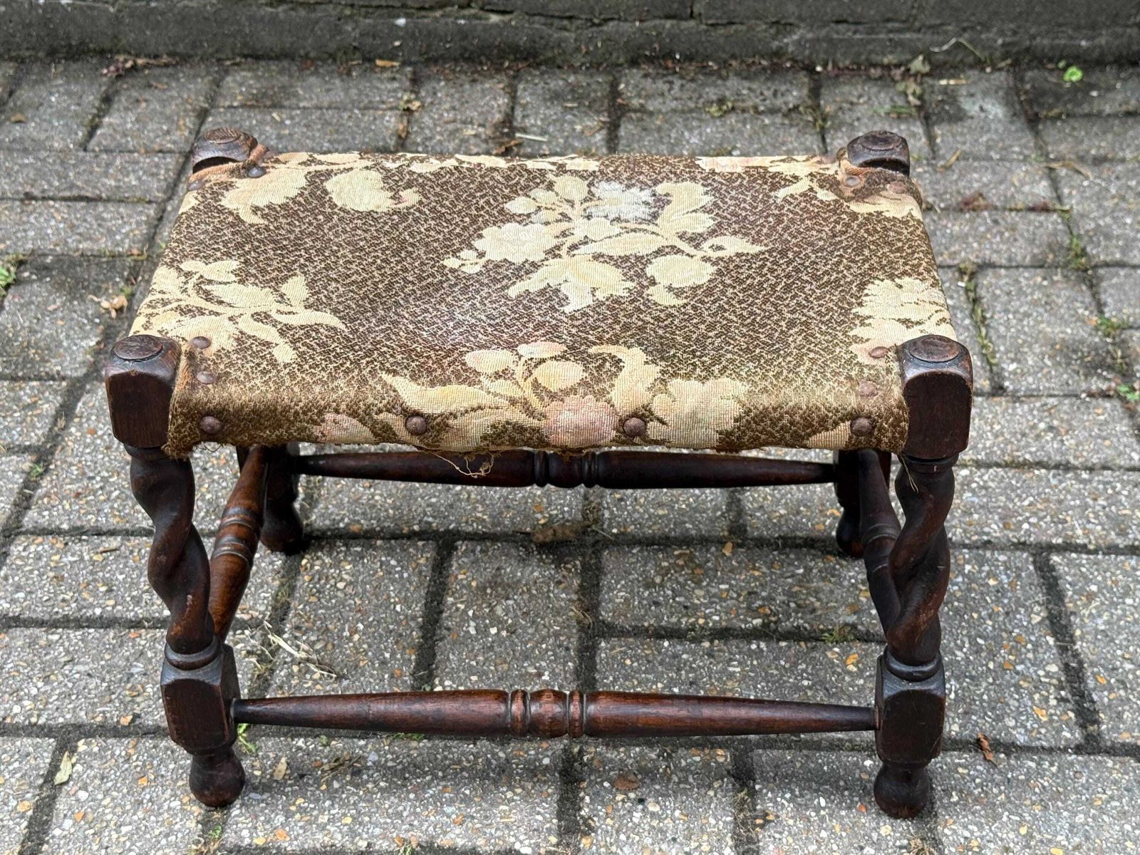 Antique Wooden Footstool: Barley Twist Legs, Floral Tapestry, Rustic Decor photo for sale