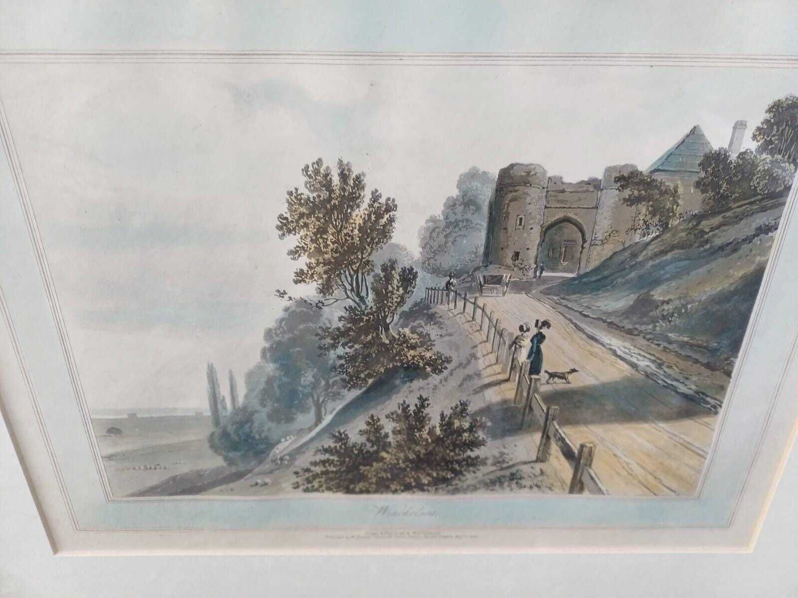 Antique Hand Coloured Print Winchelsea Sussex C1820s Georgian Town Gate Landscape Framed Historic Wall Art, W Daniell Engraving, Cinque Port photo furniture