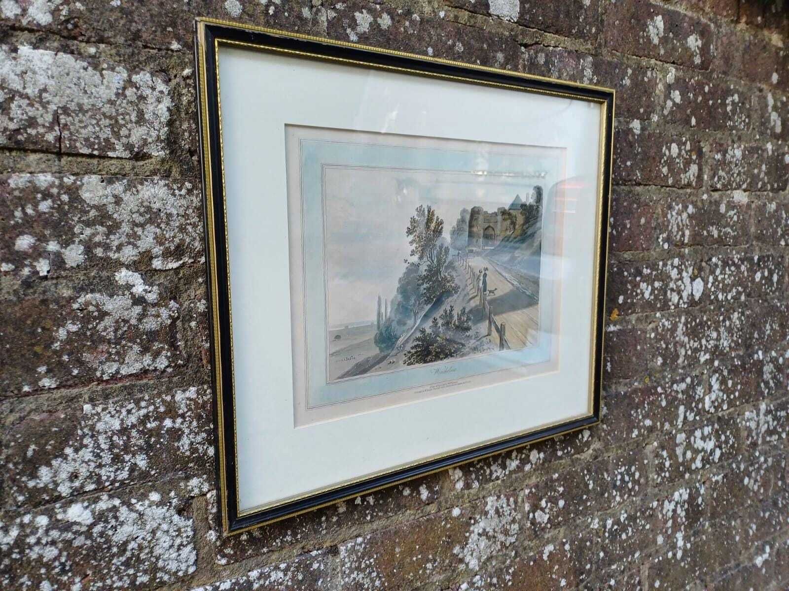 Antique Hand Coloured Print Winchelsea Sussex C1820s Georgian Town Gate Landscape Framed Historic Wall Art, W Daniell Engraving, Cinque Port photo vinterior
