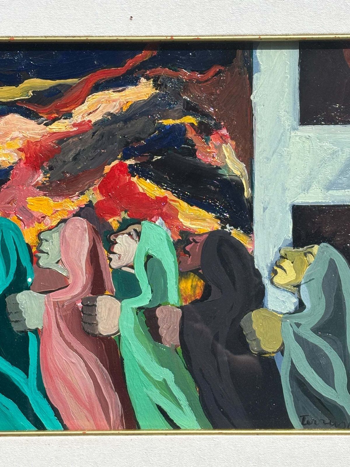 Oil On Panel Painting 'The Procession' By Saverio Terruso, 1970s photo Art