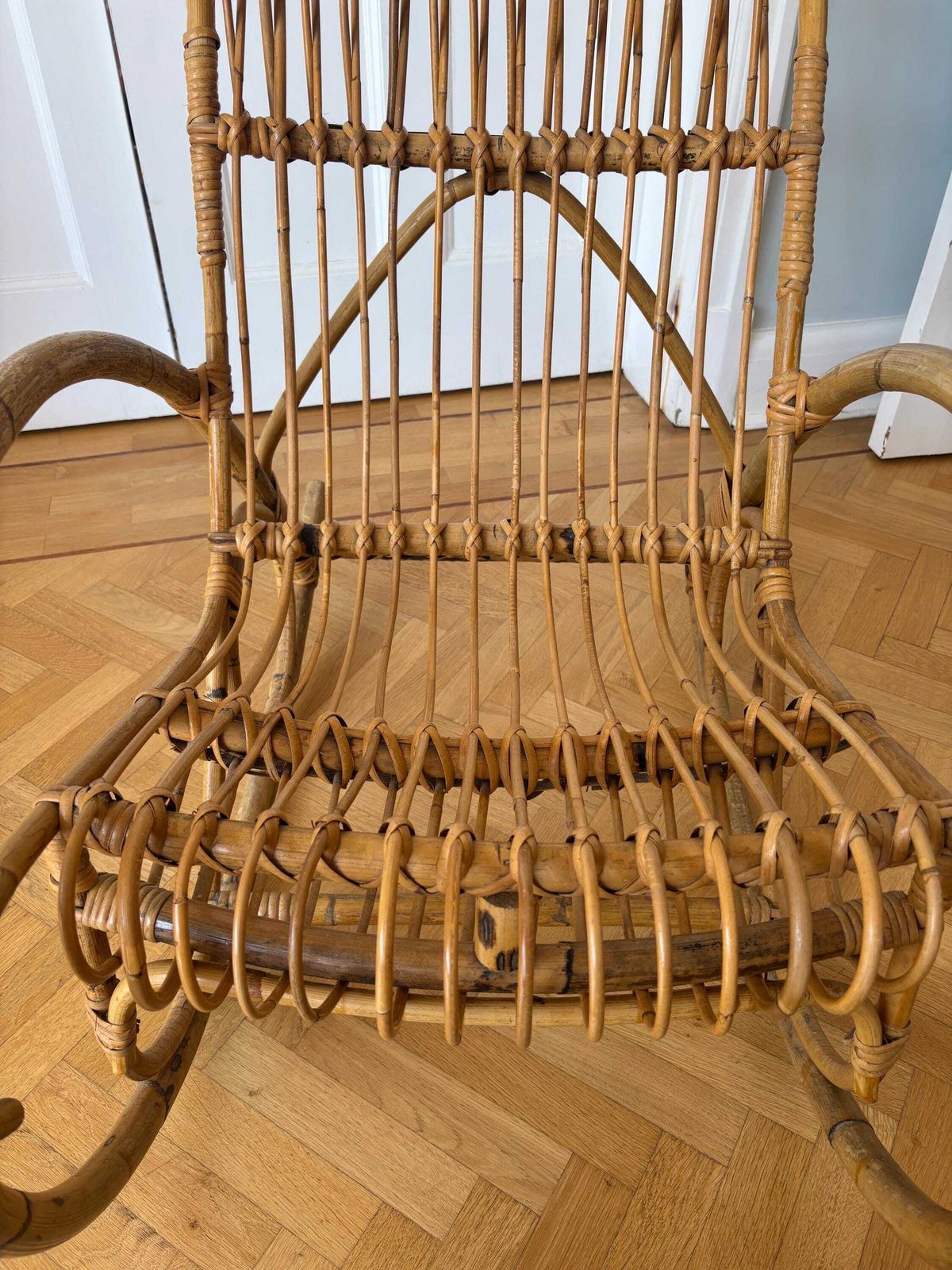 Mid 20th Century Italian Bamboo Rattan Rocking Chair Franco Albini Style photo 250.0