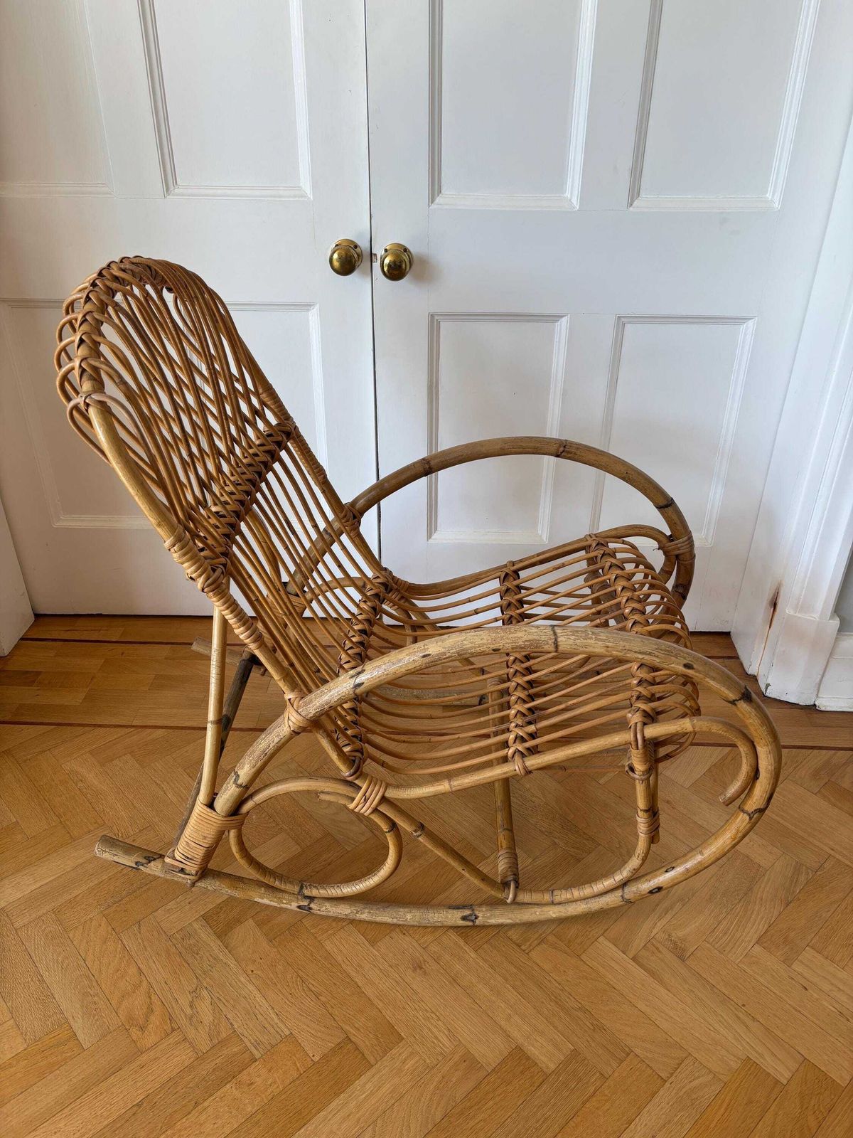 Mid 20th Century Italian Bamboo Rattan Rocking Chair Franco Albini Style photo vintage