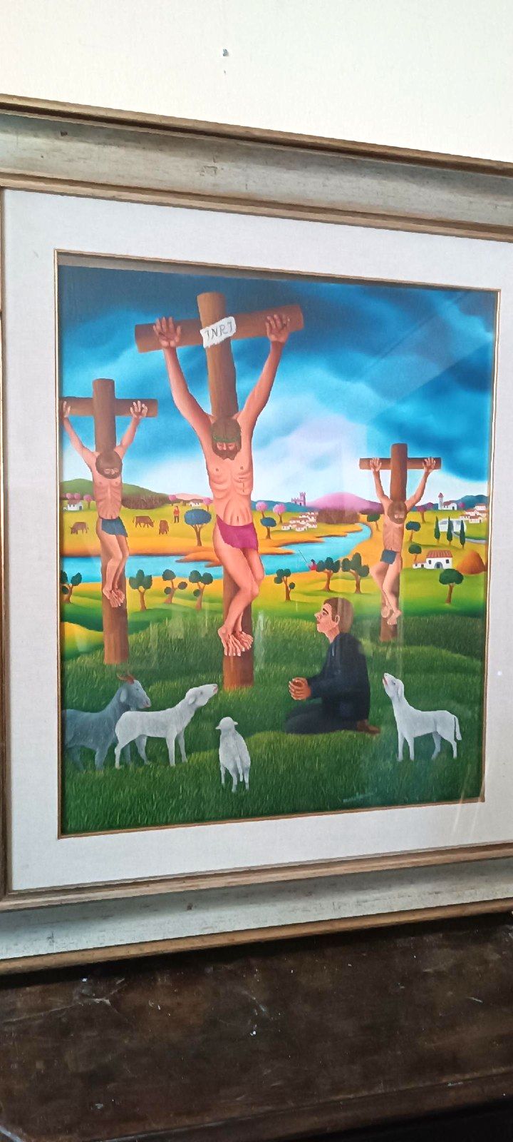 Oil Painting On Canvas Cesare Marchesini (Monza 1939) Crucifixion Naif photo 218.0