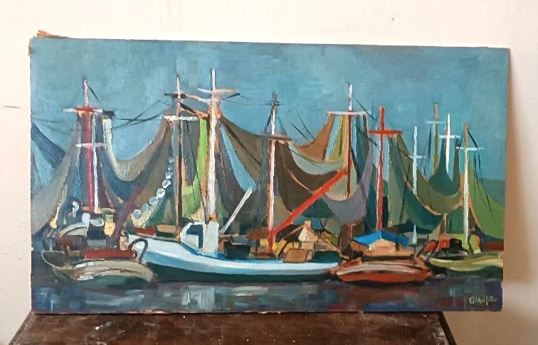 Dipinto Olio Su Tavola Marina Con Barche  Firmato Anni 50\60