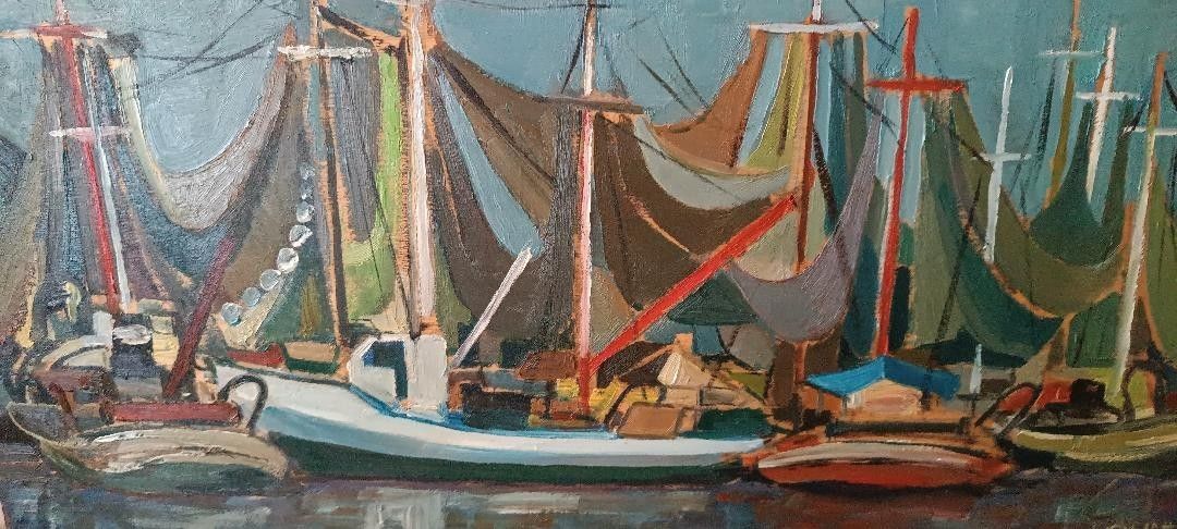 Dipinto Olio Su Tavola Marina Con Barche  Firmato Anni 50\60 photo for sale