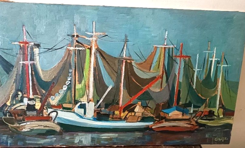 Dipinto Olio Su Tavola Marina Con Barche  Firmato Anni 50\60 photo 124.0