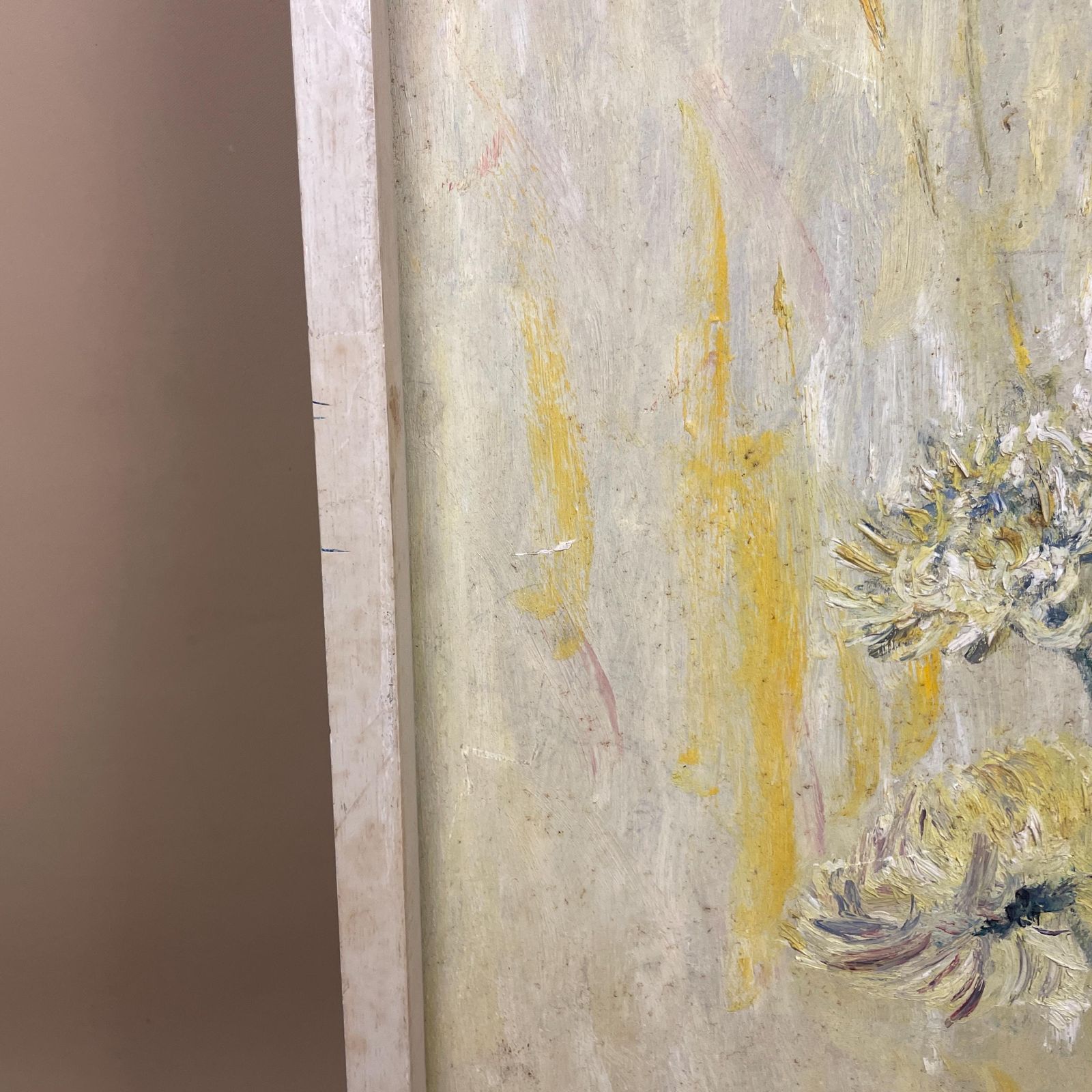 Mid Century Abstract Impressionist Floral Oil Painting On Board With White Painted Wooden Frame Vintage Yellow Flower Wall Art photo Art