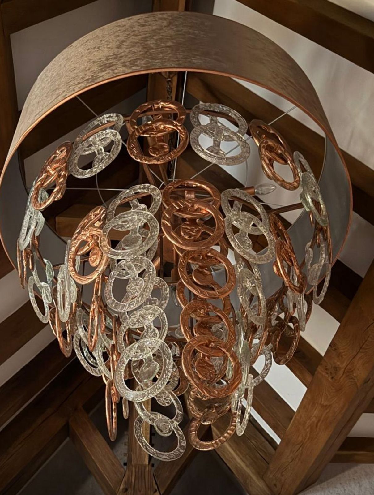 Large Copper Print Chandelier Shade With Italian Glass Rings photo for sale