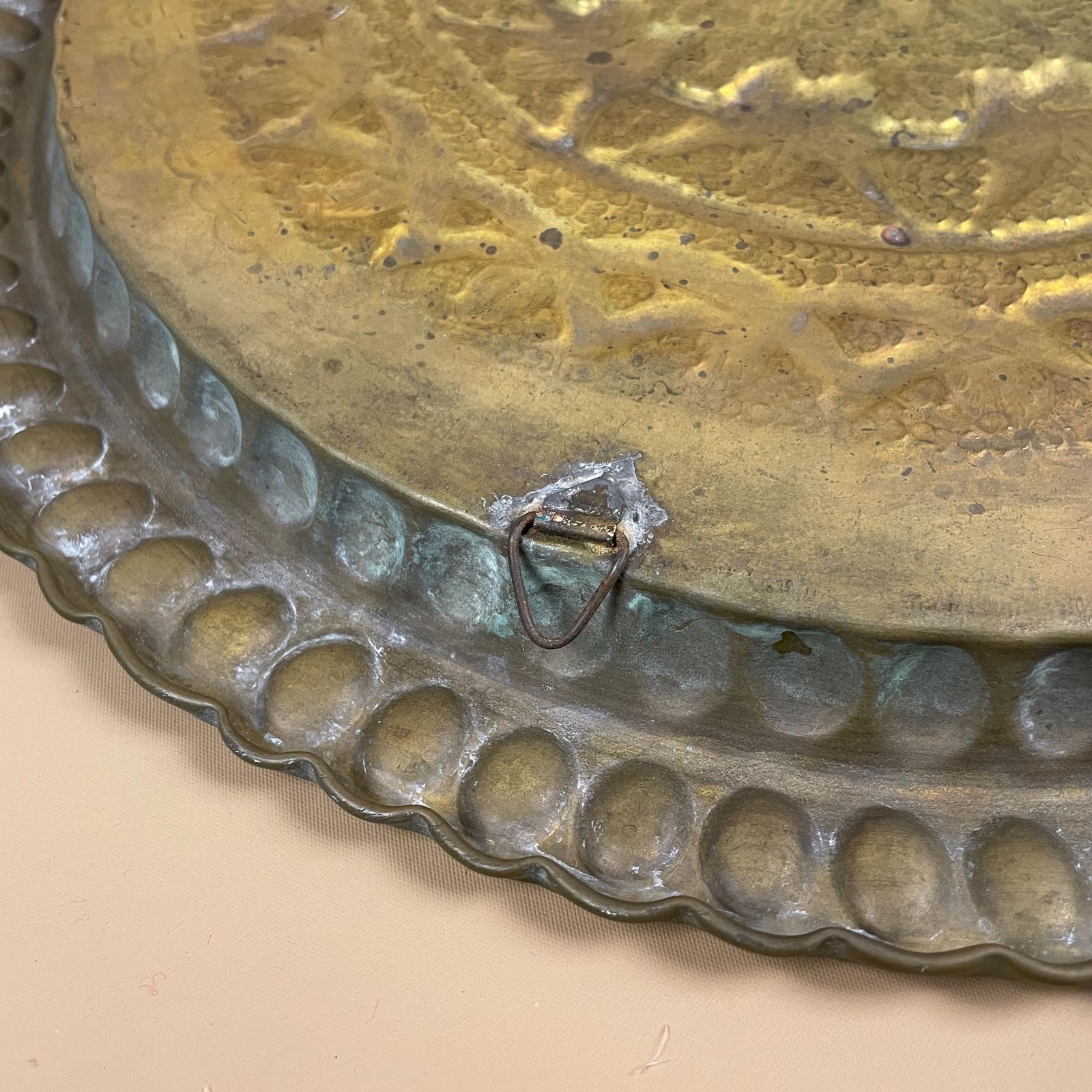 Antique Metal Gold Indian Patterned Brass Tray 42cm Plate Asian Handmade Etched Intricate Decorative Patterned Wall Art Round Vintage photo vintage