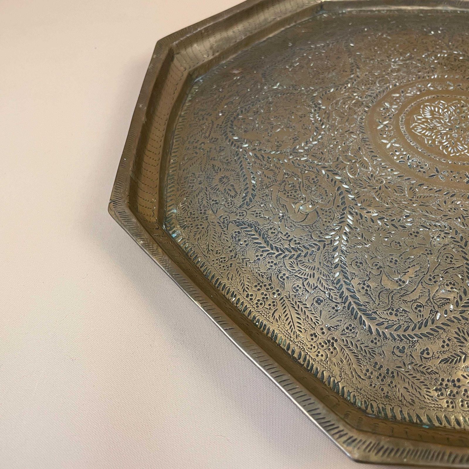 Antique Metal Gold Indian Patterned Brass Tray Plate Asian Handmade Etched Intricate Decorative Patterned Wall Art Octogon Vintage Patina photo Home Decor