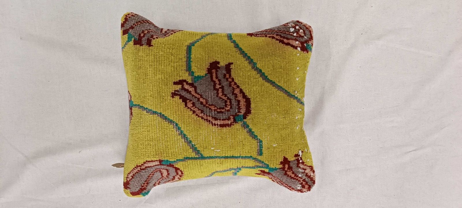 Floral Kilim Cushion Cover: Mustard, Turquoise Wool Rug Pillow (40x35 Cm) photo furniture
