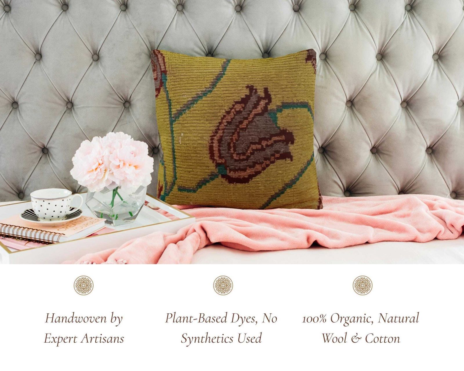 photo furniture Floral Kilim Cushion Cover: Mustard, Turquoise Wool Rug Pillow (40x35 Cm)