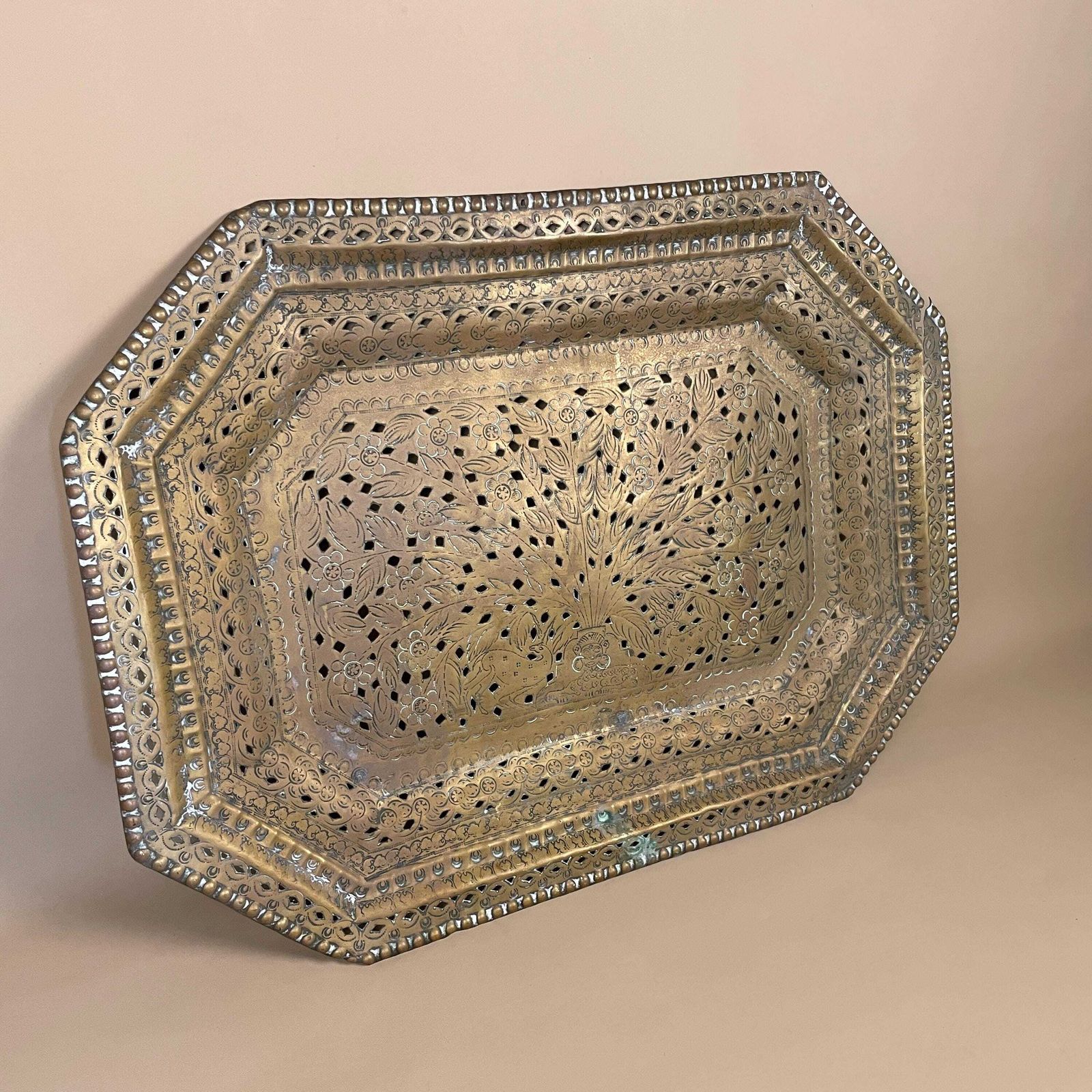Antique Metal Gold Indian Patterned Brass Tray 61x46cm Plate Asian Handmade Etched Intricate Decorative Patterned Wall Art Octagon Vintage photo 69.0