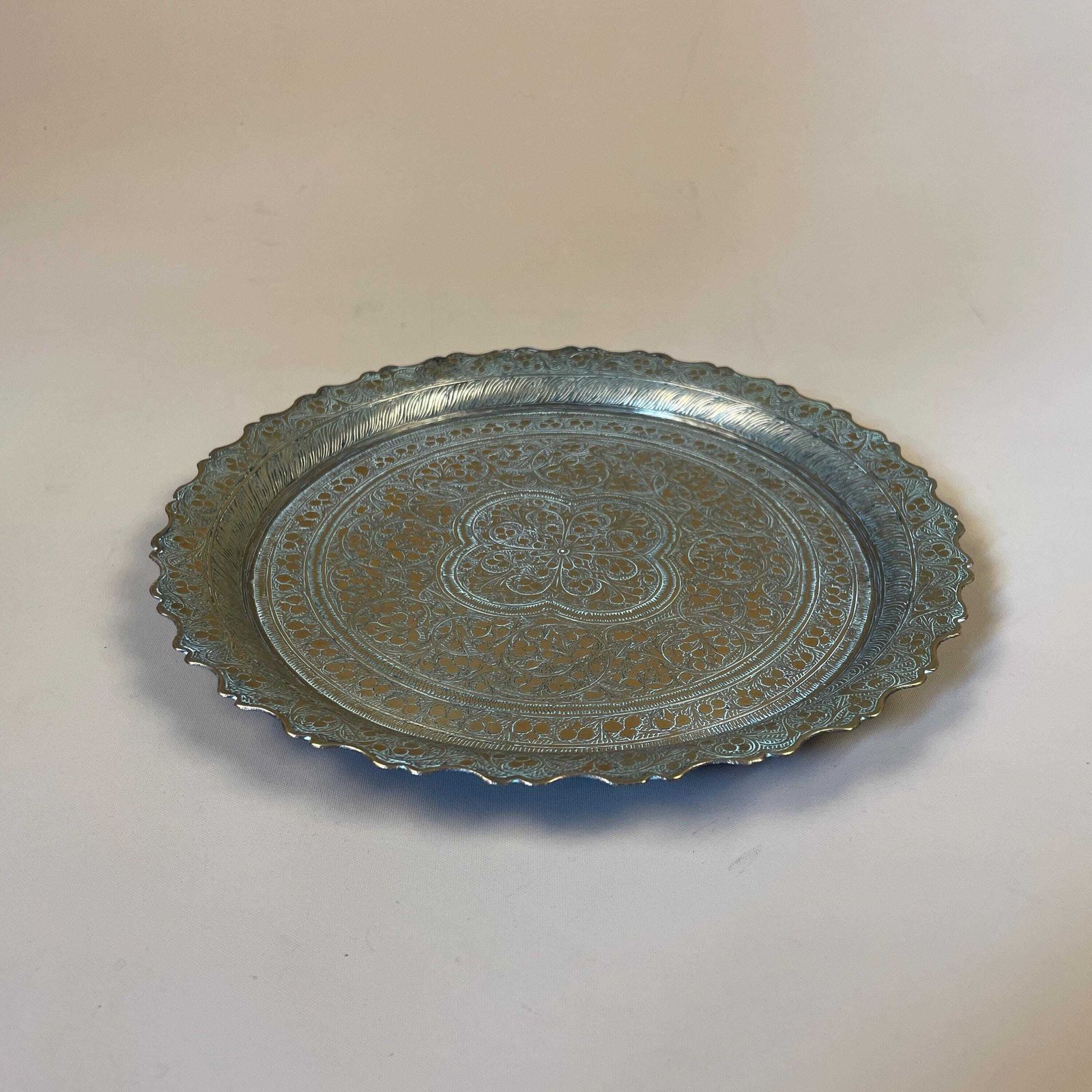 Antique Metal Gold Indian Patterned Brass Tray 23cm Plate Asian Handmade Etched Intricate Decorative Patterned Wall Art Round Vintage photo furniture