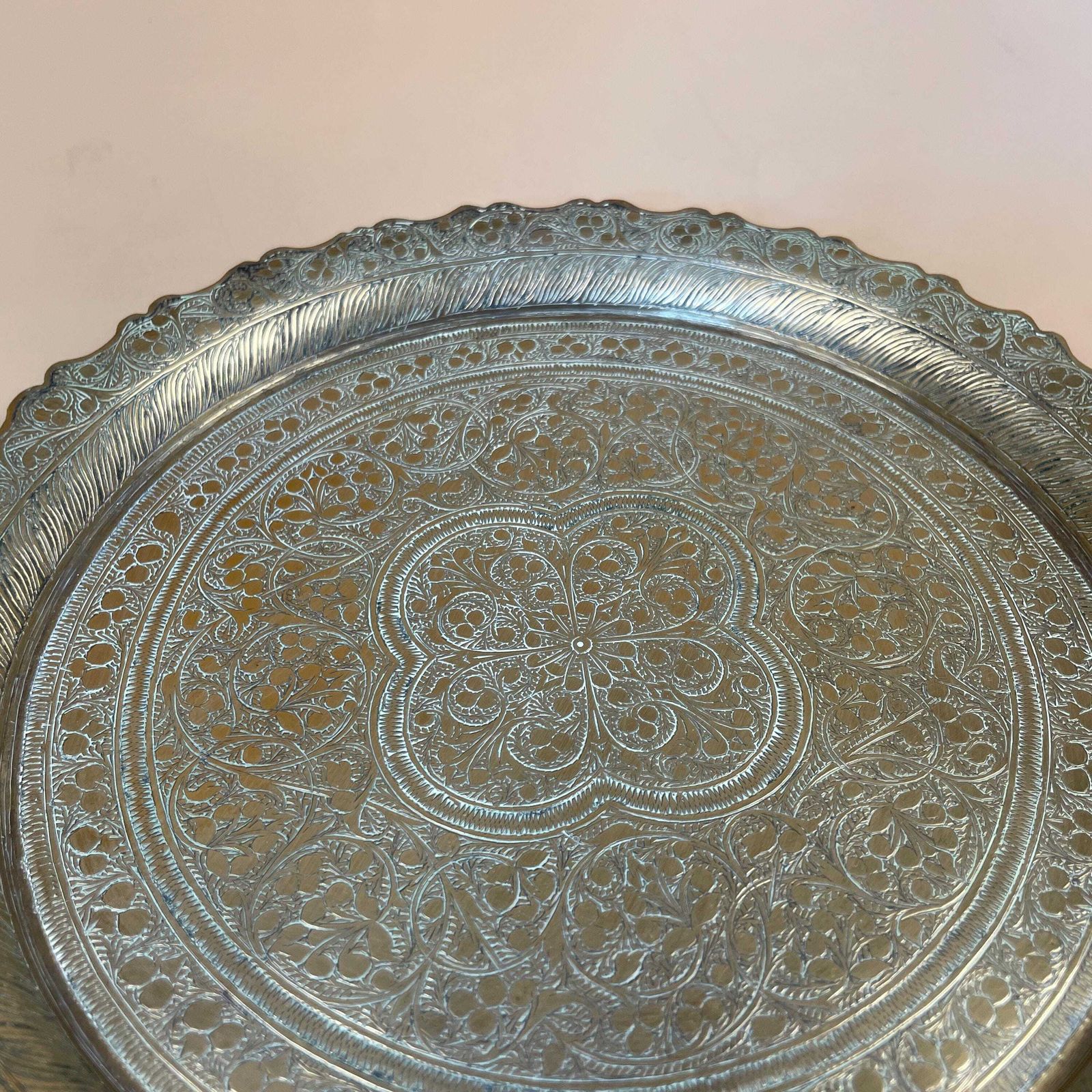 Antique Metal Gold Indian Patterned Brass Tray 23cm Plate Asian Handmade Etched Intricate Decorative Patterned Wall Art Round Vintage photo for sale