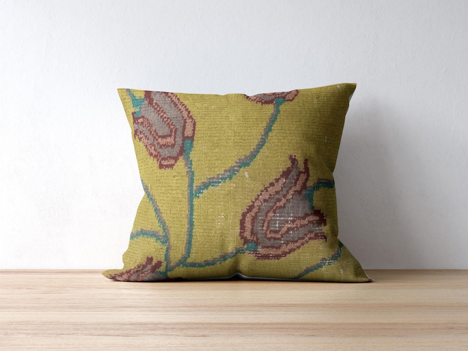 Yellow Cushion Cover, Antique Floral Style Rug Cushion, Turkish Pillow, Scatter Cushion, Rug Pillow, Kilim Cushion 16''X16'' / 40x40 Cm