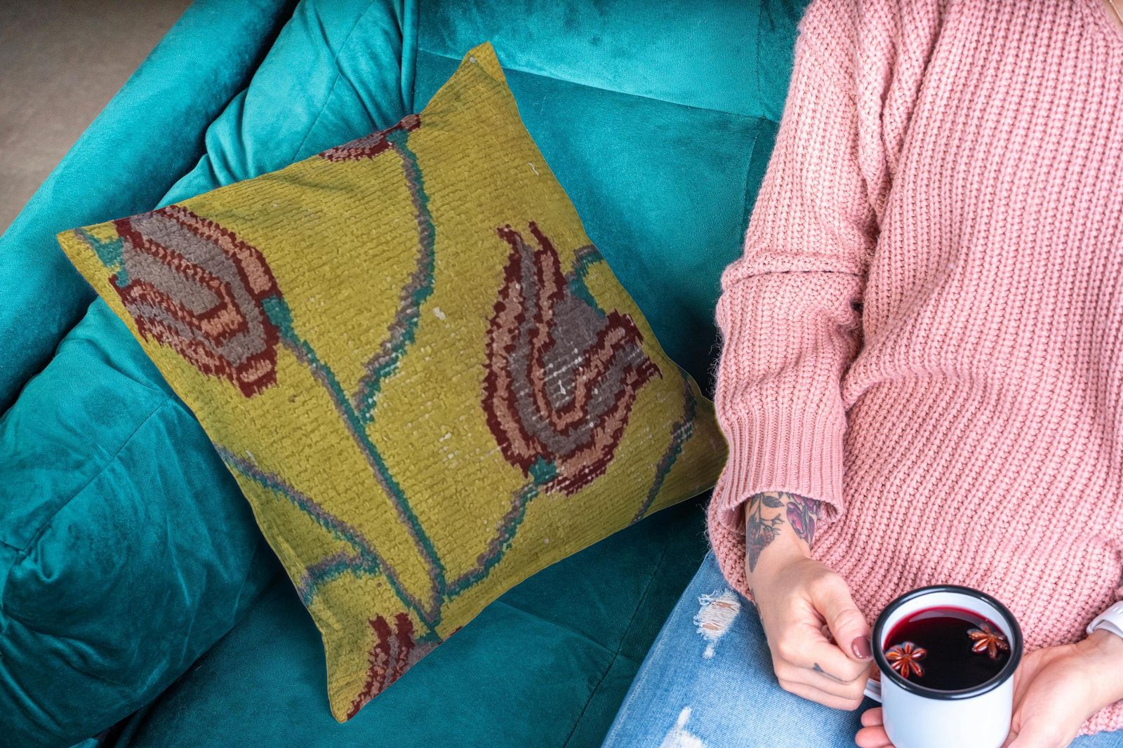Yellow Cushion Cover, Antique Floral Style Rug Cushion, Turkish Pillow, Scatter Cushion, Rug Pillow, Kilim Cushion 16''X16'' / 40x40 Cm photo furniture