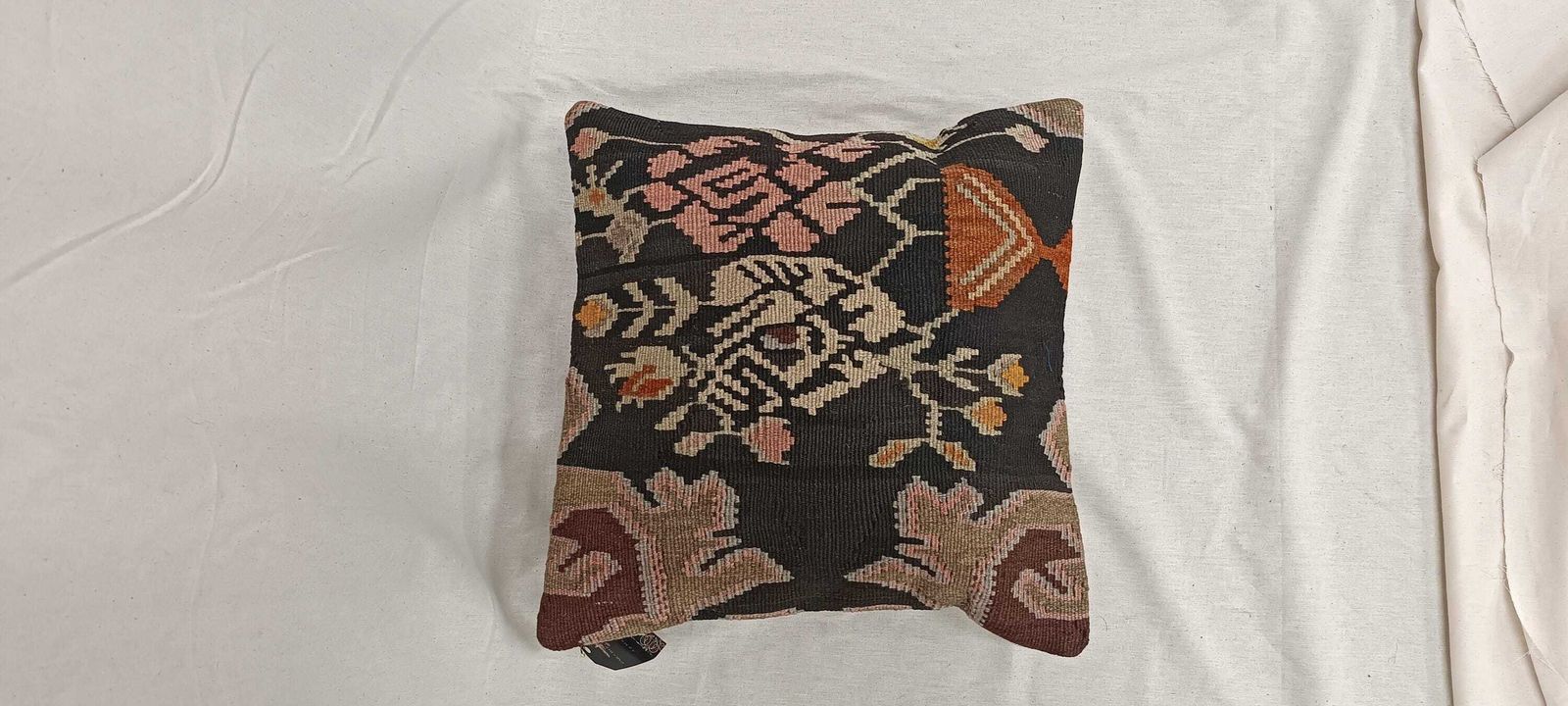 Vintage Turkish Kilim Cushion Cover: 18" Orange Medallion Rug Pillow photo for sale
