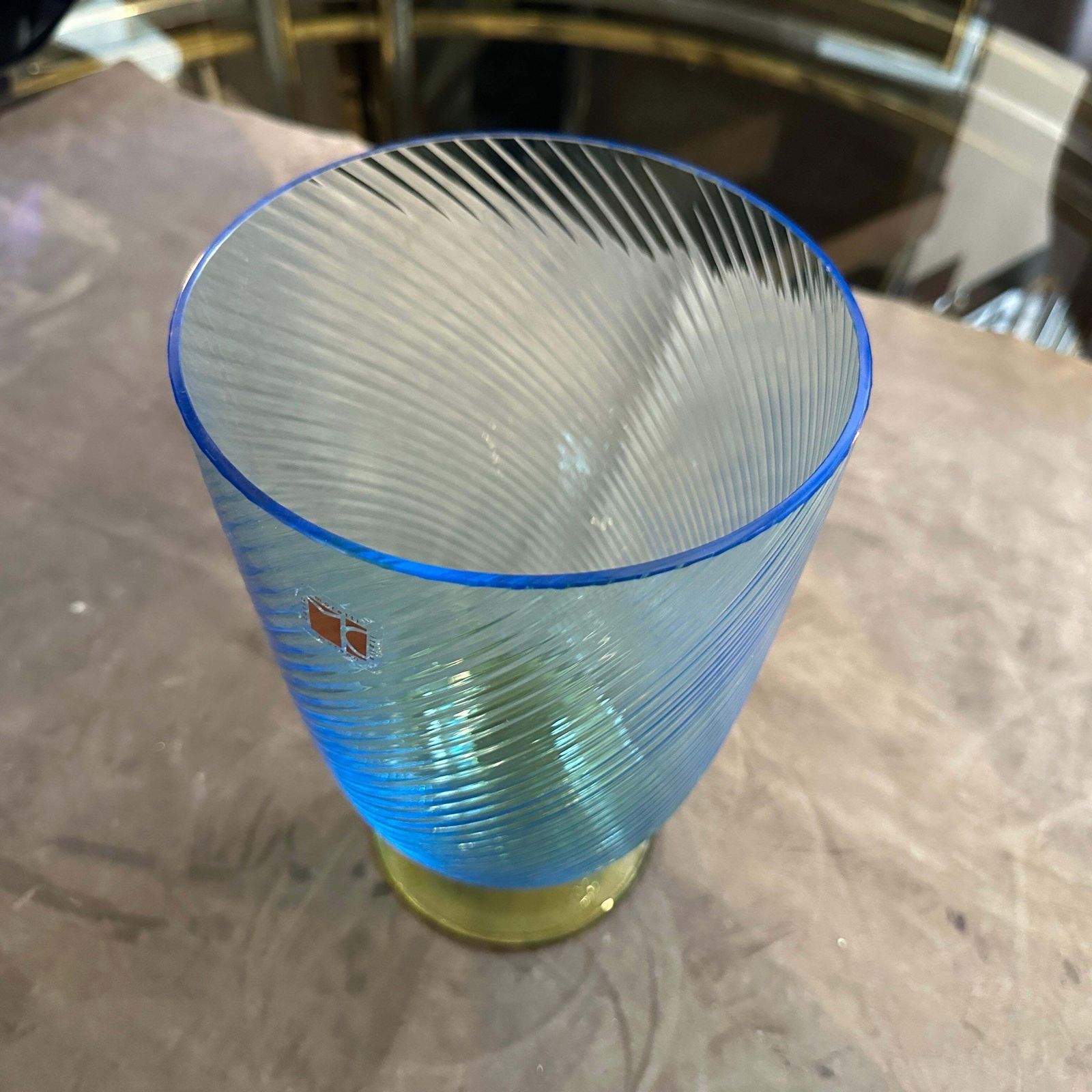 photo for sale 1980s Modern Blue And Yellow Murano Glass Vase By Carlo Moretti