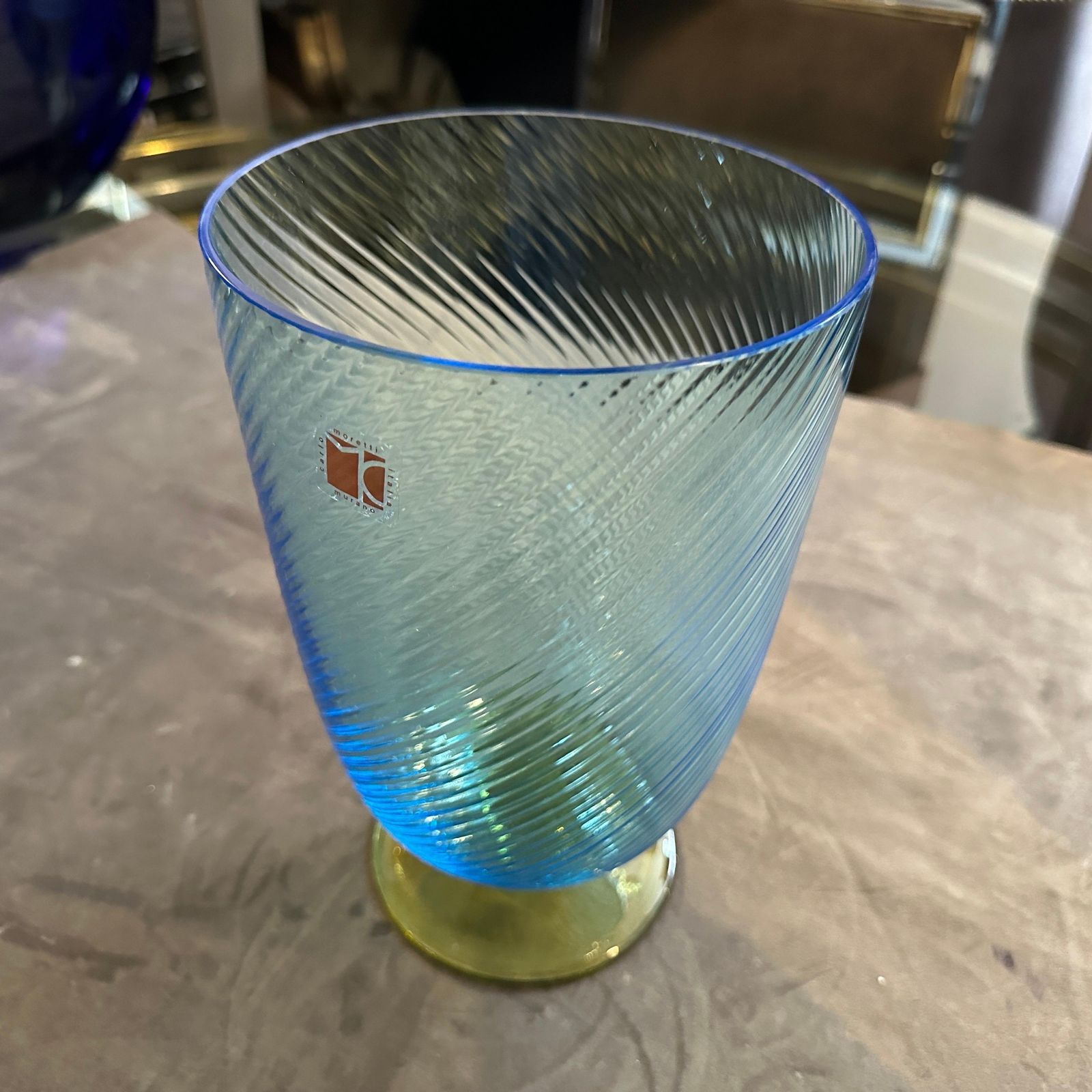 photo vinterior 1980s Modern Blue And Yellow Murano Glass Vase By Carlo Moretti