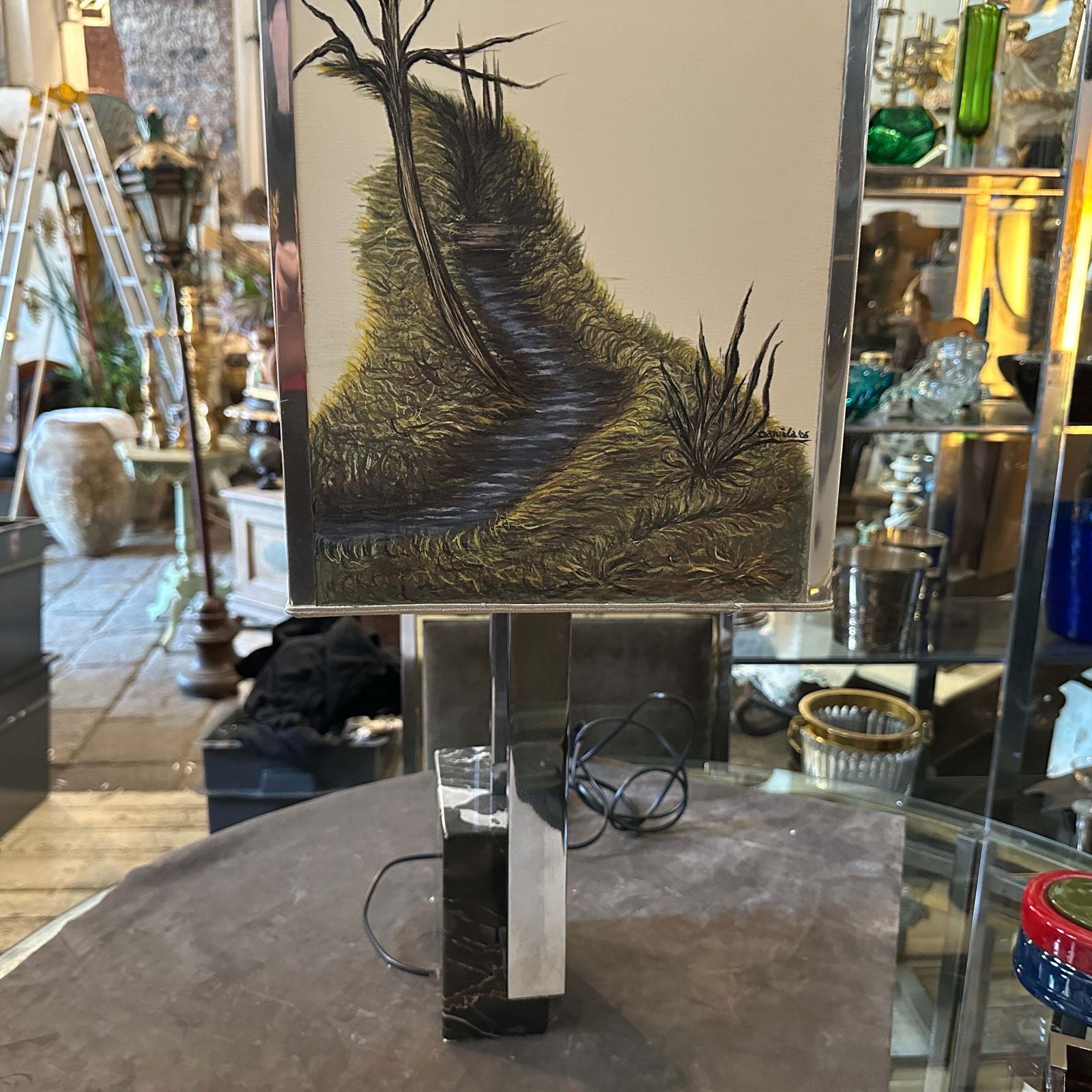 1970s Modernist Chromed Metal And Marble Table Lamp With Hand Painted Lampshade photo furniture