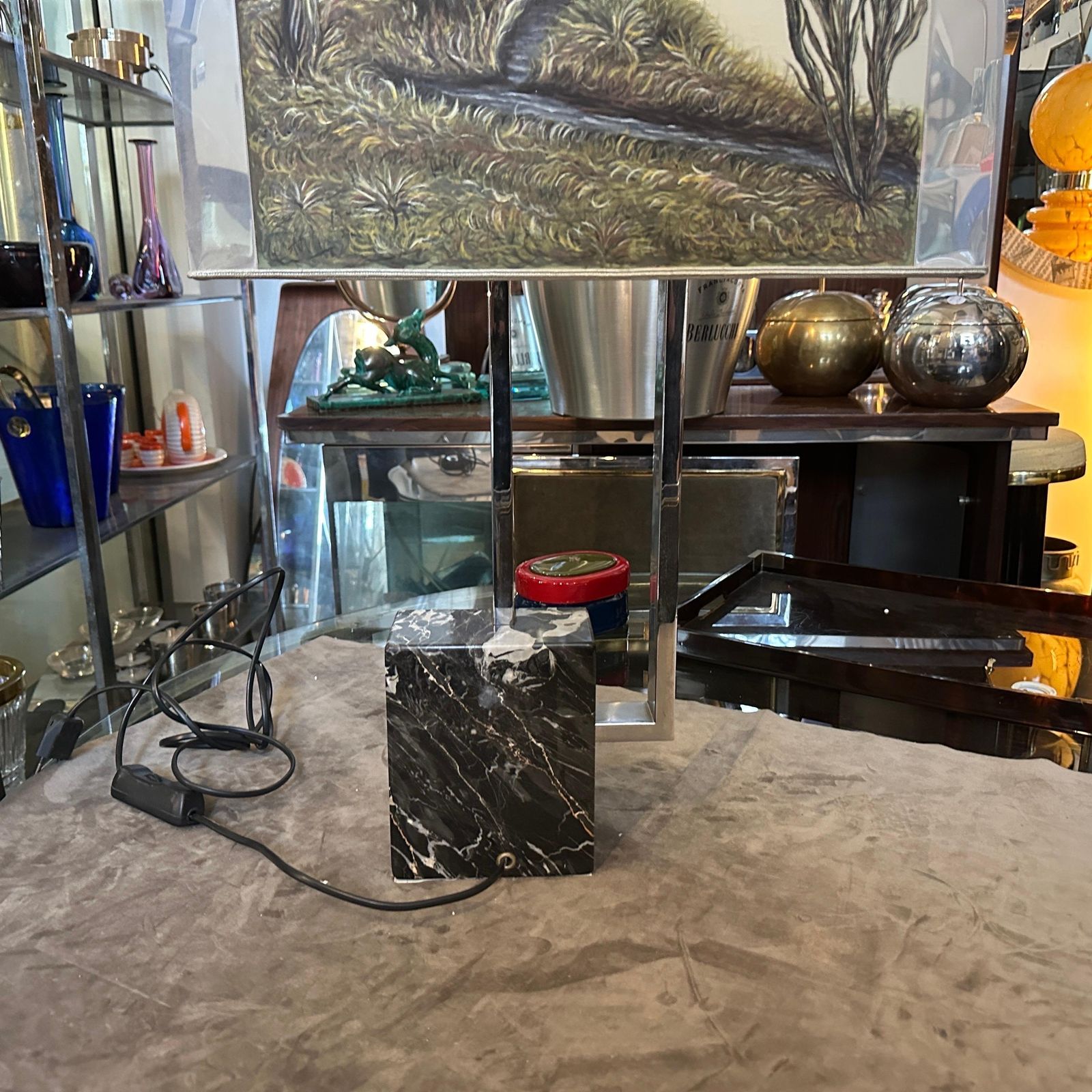 1970s Modernist Chromed Metal And Marble Table Lamp With Hand Painted Lampshade photo for sale