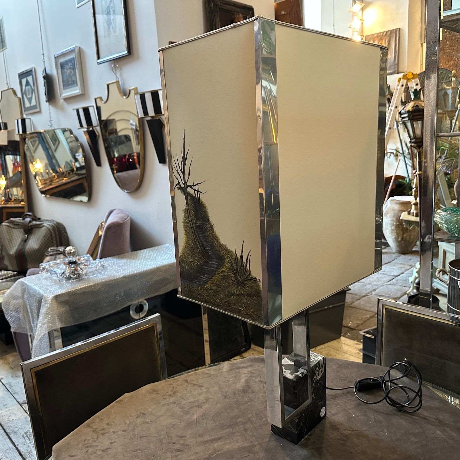 photo furniture 1970s Modernist Chromed Metal And Marble Table Lamp With Hand Painted Lampshade