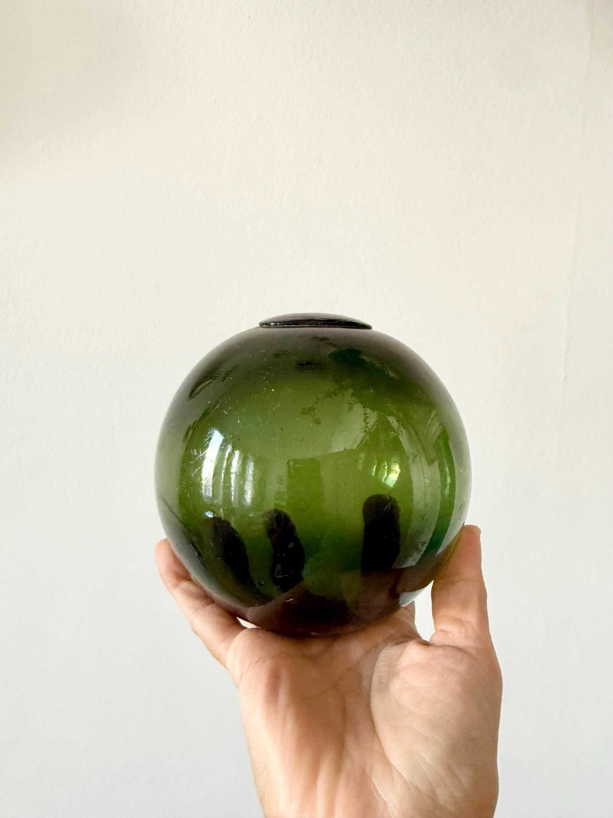 2 Antique French Blown Glass Fishing Floats Dark Green photo vinterior