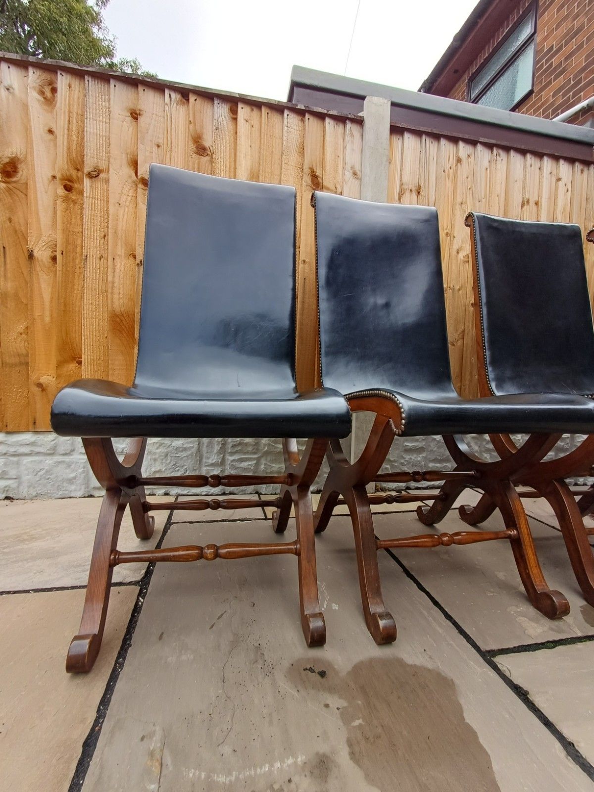 photo for sale Set Of Four Pierre Lottier Stamped  Spanish Leather Mid Century Chairs Vintage