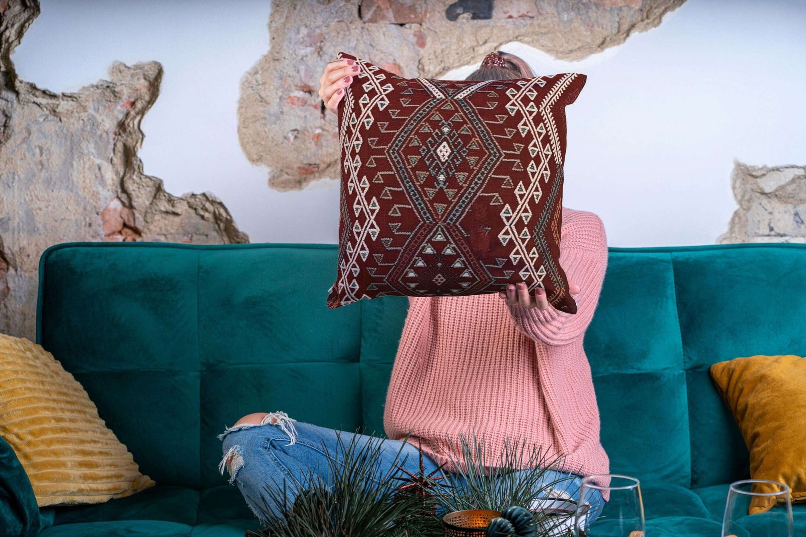 Traditional Turkish Kilim Cushion, 40x40 Cm Handmade Kilim Cushion, Vintage Kilim Pillow, Hand Knotted Pillow For Sofa, Couch Pillow photo buy