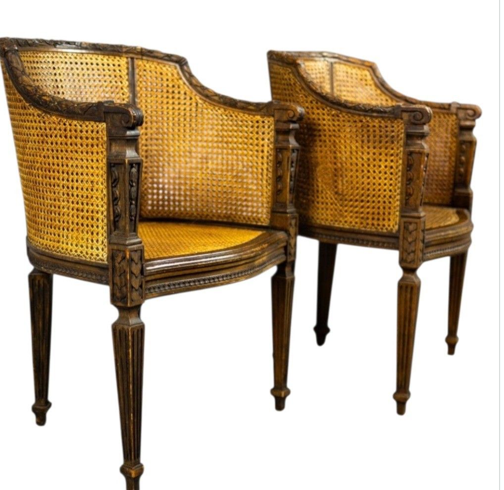 Pair Of French Louis XVI Style Cane Beech Bergere 19th Century photo for sale